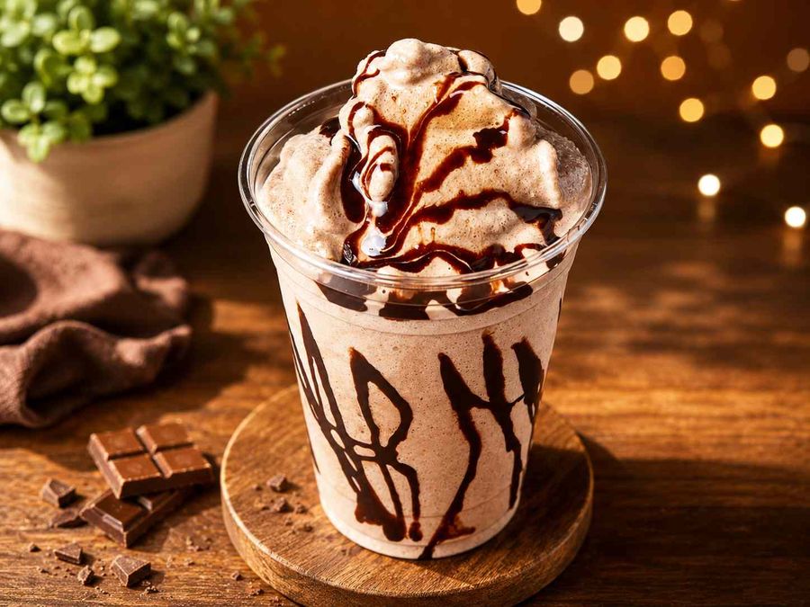 A blended chocolate drink in a clear cup, topped with whipped cream and chocolate sauce.
