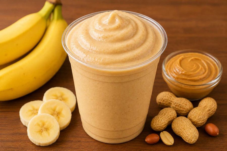 A tan blended drink in a clear cup beside a bunch of bananas, banana slices and a bowl of peanut butter.