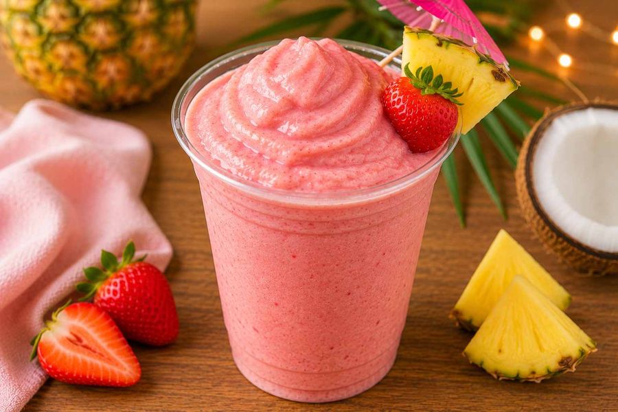 A pink blended drink in a clear cup, with a strawberry and a wedge of pineapple on the rim.